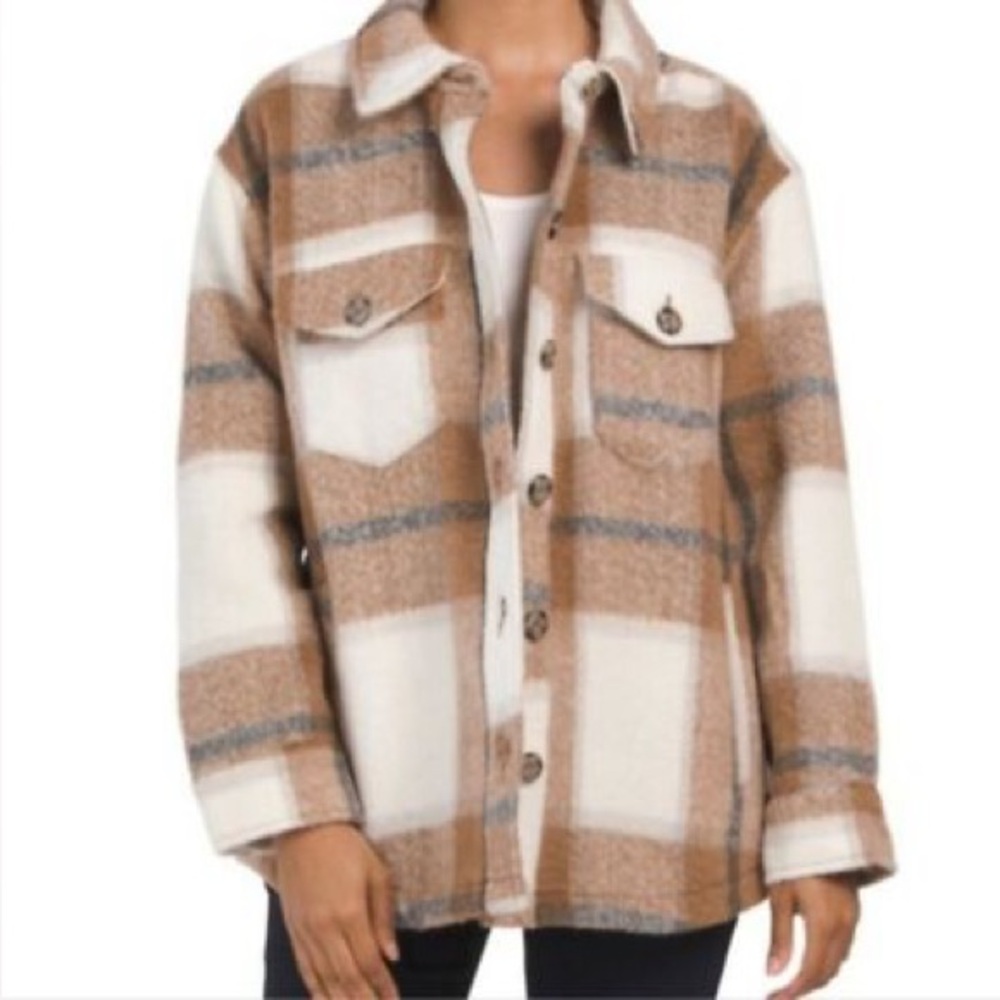 AVEC LES FILLES Anthropologie Shacket Shirt Jacket Plaid Cognac Button Front 1X